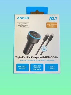 Anker Triple-Port 67W Car Charger with 3’  USB-C to USB-C Cable NIB